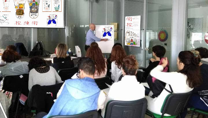 l'immagine mostra un docente della On Zon Su School per riflessologi, ad un corso di riflessologia plantare.